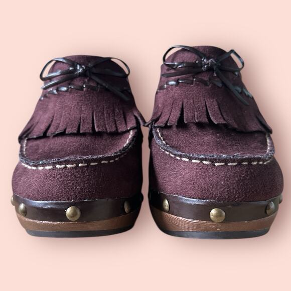 LEI Womens Brown Mule Clogs Platform Y2K 90s Suede Fringe Sz 7 Chunky Whimsygoth - Picture 3 of 6